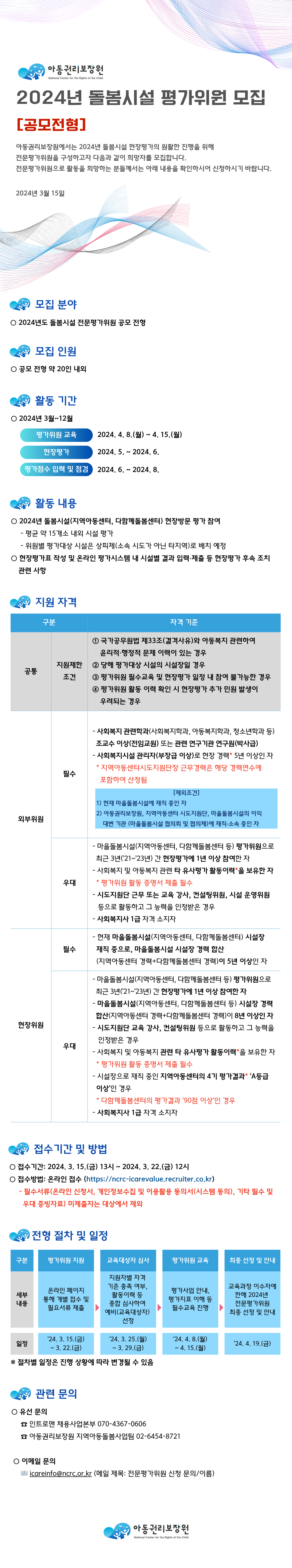   아동권리보장원 National Center for the Rights of the Child 2024년 돌봄시설 평가위원 모집 [공모전형] 아동권리보장원에서는 2024년 돌봄시설 현장평가의 원활한 진행을 위해 전문평가위원을 구성하고자 다음과 같이 희망자를 모집합니다. 전문평가위원으로 활동을 희망하는 분들께서는 아래 내용을 확인하시어 신청하시기 바랍니다. 2024년 3월 15일 모집 분야 ○ 2024년도 돌봄시설 전문평가위원 공모 전형 모집 인원 ○ 공모 전형 약 20인 내외 활동 기간 о2024년 3월~12월 평가위원 교육 2024.4.8.(월) ~ 4. 15.(월) 현장평가 2024. 5.~ 2024. 6. 평가점수 입력 및 점검 2 2024. 6. 2024, 8. 활동 내용 о2024년 돌봄시설(지역아동센터, 다함께돌봄센터) 현장방문 평가 참여 - 평균 약 15개소 내외 시설 평가 - 위원별 평가대상 시설은 상피제(소속 시도가 아닌 타지역)로 배치 예정 ᄋ현장평가표 작성 및 온라인 평가시스템 내 시설별 결과 입력·제출 등 현장평가 후속 조치 관련 사항
지원자격은 아래 표 확인
접수기간 및 방법 ᄋ 접수기간:  12시 ○ 접수방법: 온라인 접수 (https://ncrc-icarevalue.recruiter.co.kr) -필수서류(온라인 신청서, 개인정보수집 및 이용활용 동의서(시스템 동의), 기타 필수 및 우대 증빙자료) 미제출자는 대상에서 제외 
전형 절차 및 일정은 아래 표 확인
관련 문의 유선 문의 인트로맨 채용사업본부 070-4367-0606 아동권리보장원 지역아동돌봄사업팀 02-6454-8721 이메일 문의 icareinfo@ncrc.or.kr (메일 제목: 전문평가위원 신청 문의/이름) 아동권리보장원 National Center for the Rights of the Child