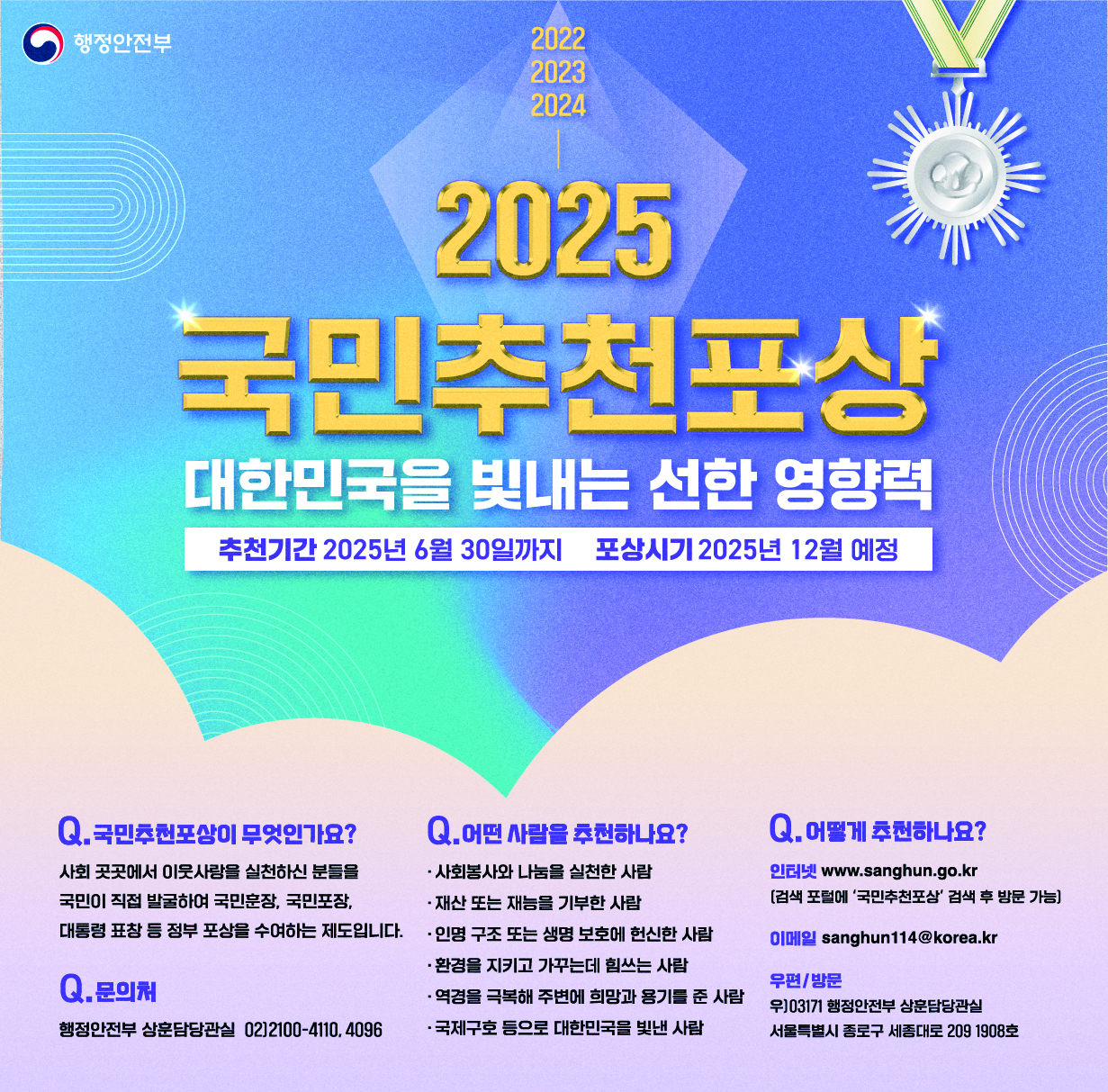 행정안전부 주최, 2025 국민추천포상 안내. 대한민국을 빛내는 선한 영향력을 가진 사람을 추천합니다. 추천기간은 2025년 6월 30일까지이며, 포상시기는 2025년 12월 예정입니다. 국민추천포상은 사회 곳곳에서 이웃사랑을 실천한 분을 국민이 직접 발굴하여 국민훈장, 국민포장, 대통령 표창 등 정부 포상을 수여하는 제도입니다. 추천 대상은 사회봉사와 나눔을 실천한 사람, 재산 또는 재능을 기부한 사람, 인명 구조 또는 생명 보호에 헌신한 사람, 환경을 지키고 가꾼 사람, 문화체육 국제구호 분야에서 희망과 감동을 준 사람, 대한민국을 빛낸 사람입니다. 추천 방법은 인터넷 www.sanghun.go.kr, 이메일 sanghun114@korea.kr, 우편 또는 방문으로 가능합니다. 문의는 행정안전부 상훈담당관실 02-2100-4110 또는 4096입니다.