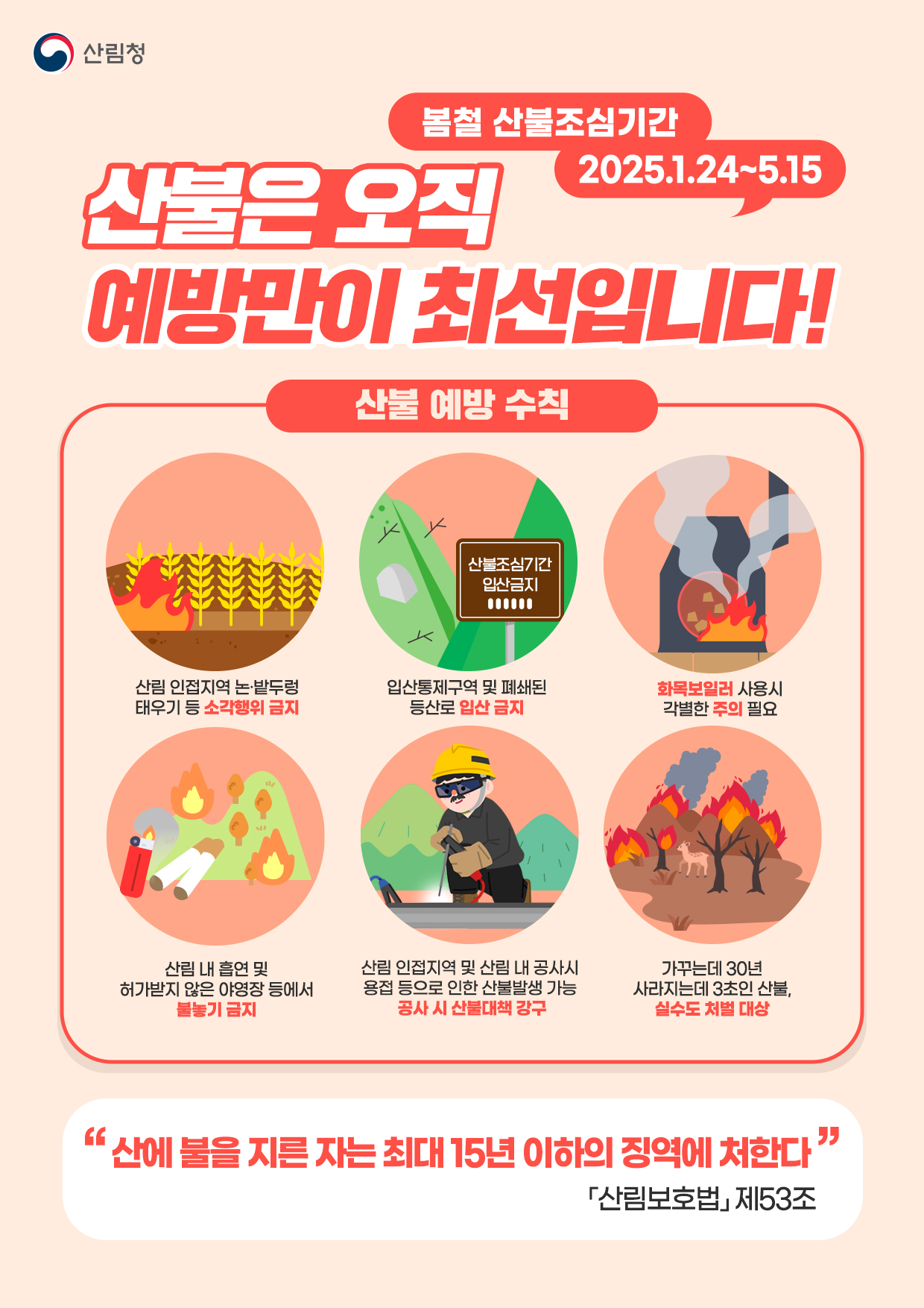 봄철산불조심기간2025.1.24~5.15산불은오직예방만이최선입니다산불예방수칙소각행위금지입산금지불놓기금지산불대책강구실수처벌대상